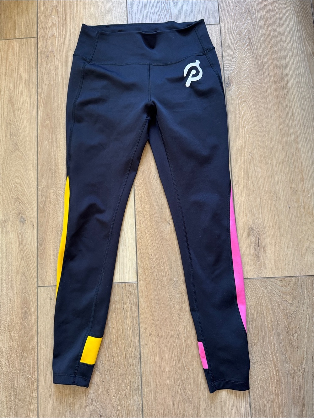 Peloton Black Leggings with Pink & Yellow Side Panels